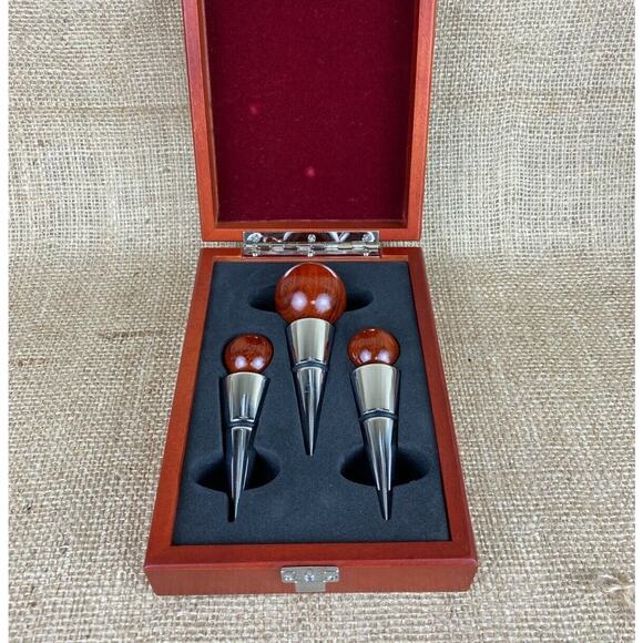 Brookstone Turned Wood Bottle Wine Stopper Gift Set - Picture 1 of 6